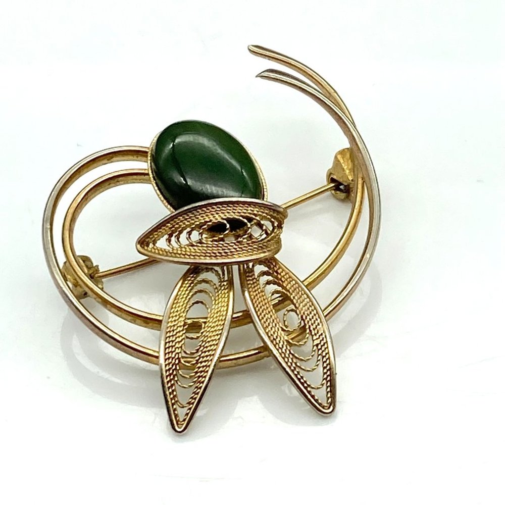 Vintage Jade Cabochon Brooch with Filigree Gold Tone, Elegant MCM Pin